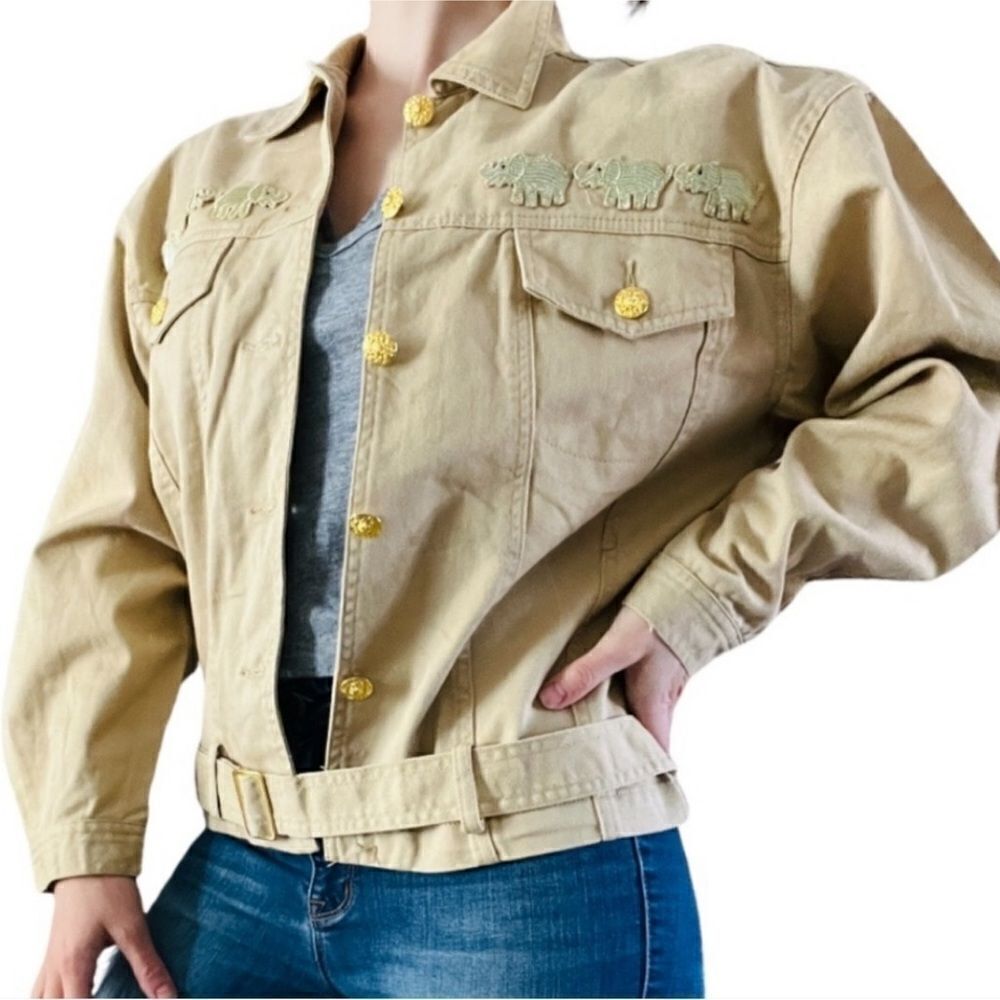 Vintage Tan Bomber Jacket 100% Cotton Women’s Embellished Belt SZ 12